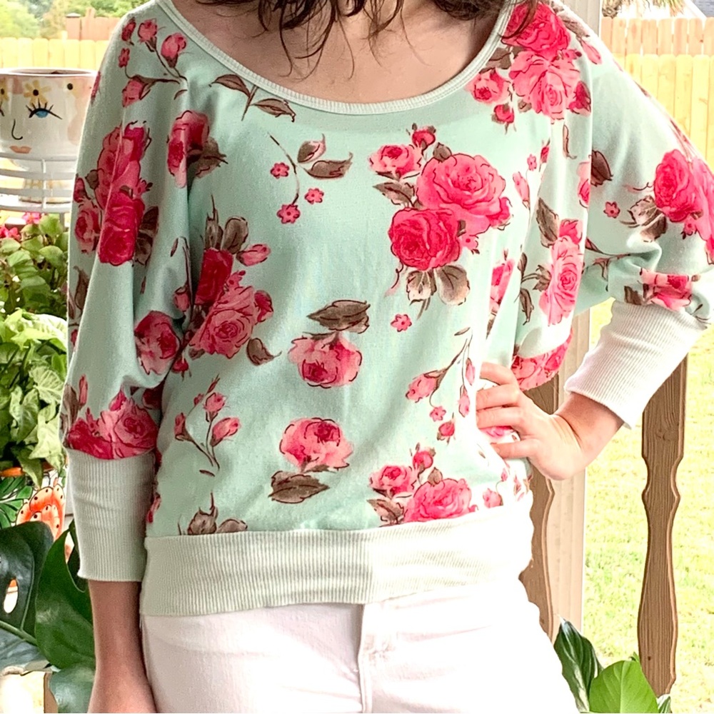 Sea Foam Green & Roses Lightweight Knit Top - Picture 8 of 8